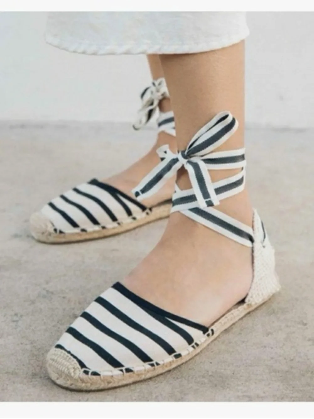 Soludos Black & White Striped Ankle-Tie Espadrille Flats